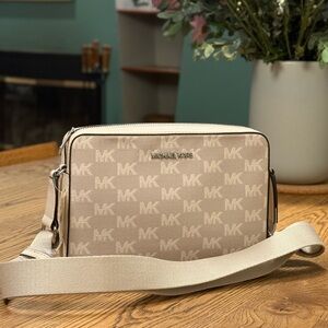 Jet Set Large Signature Logo Print Woven Crossbody Bag